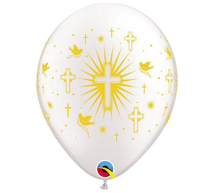 11" Cross Doves Gold on White Balloon - Unique Catholic Gifts