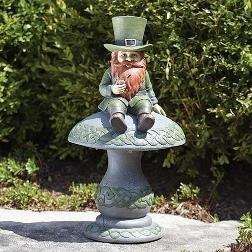 Led Solar Leprechaun Sitting on Mushroom Figure 16.5"H - Unique Catholic Gifts