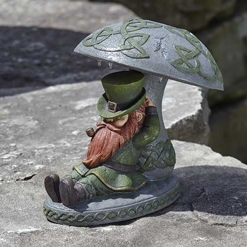 Led Solar Leprechaun Leaning on Mushroom Figure 10"H - Unique Catholic Gifts