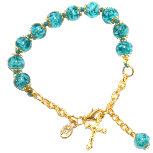 Marine Blue Genuine Murano Gold Tone Rosary Bracelet with Handknotted Sommerso Beads & Crucifix - Unique Catholic Gifts