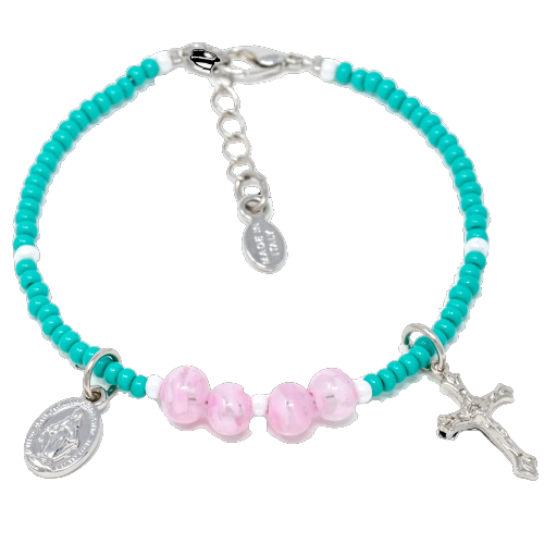 Pink and Teal Genuine Murano "Seed Bead" Bracelet with Sommerso Beads, Miraculous Medal and Crucifix - Unique Catholic Gifts