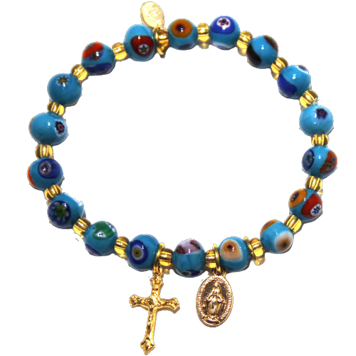 Turquoise Genuine Murano Gold Tone Stretch Bracelet with Millefiori Beads, Miraculous Medal and Crucifix - Unique Catholic Gifts