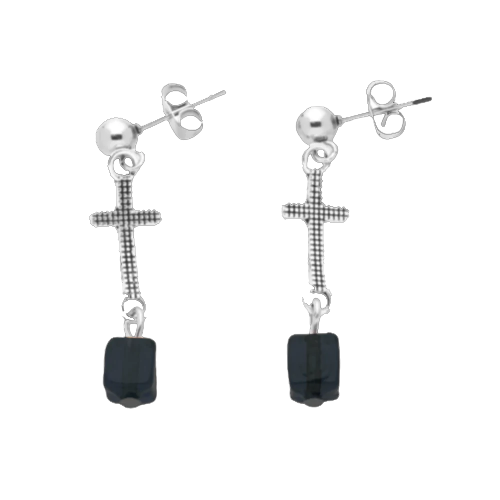 Stainless Steel Lattice Cross Earrings with Black Murano Beads - Unique Catholic Gifts