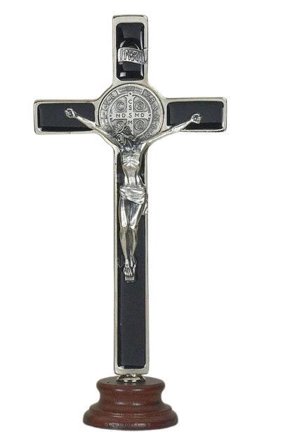 Black St. Benedict Enameled Crucifix on wood base (8") - Unique Catholic Gifts