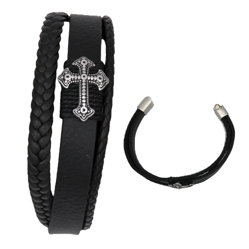 Men's Genuine Leather Bracelet with Cross - Unique Catholic Gifts