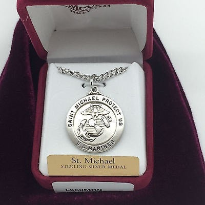 Sterling Silver Saint St Michael & US Marines Medal (7/8") - Unique Catholic Gifts