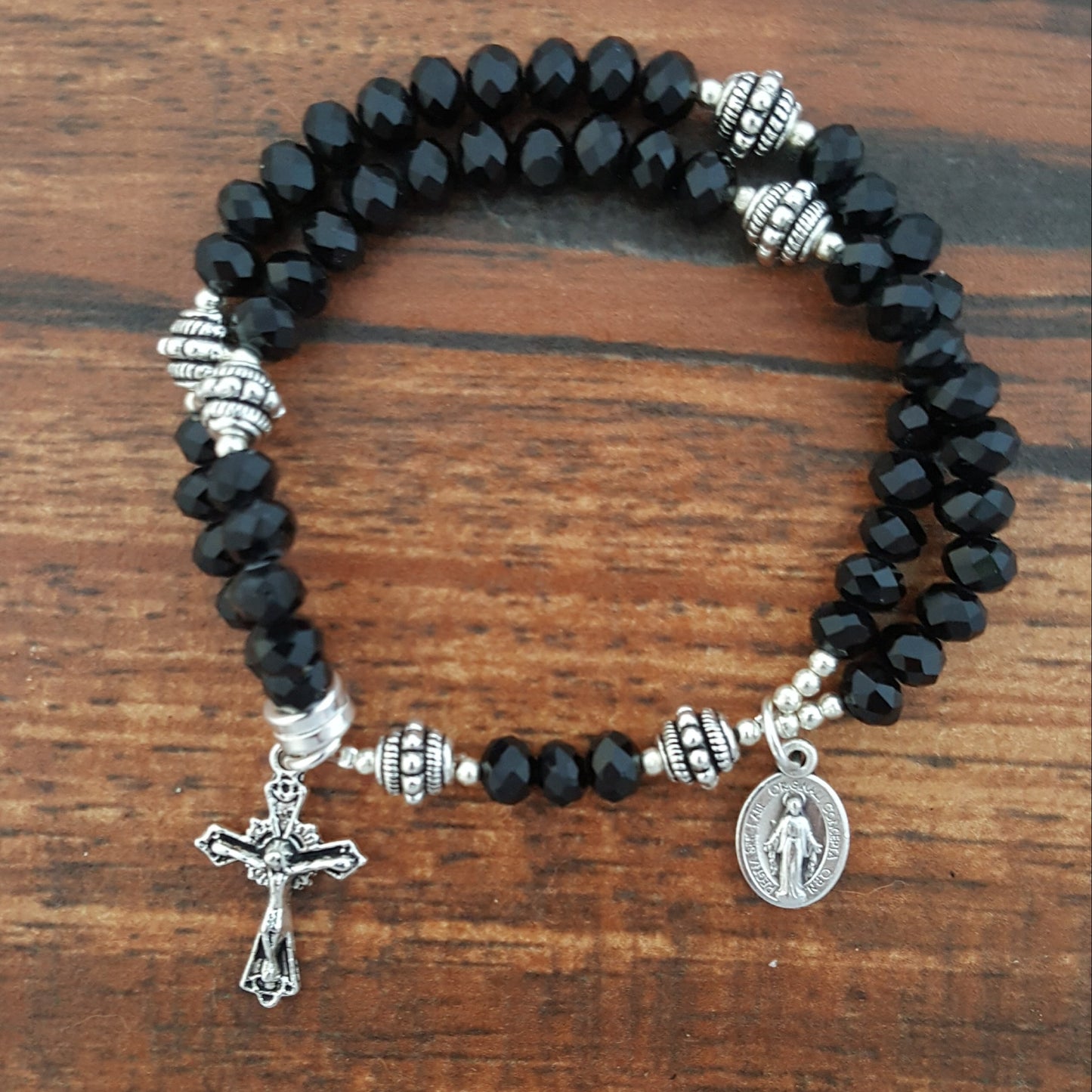 Black Crystal Wrist Rosary - Unique Catholic Gifts