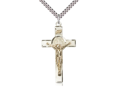 GF/SS St Benedict Crucifix Pendant on a 24 inch Light Rhodium Heavy Curb Chain. - Unique Catholic Gifts