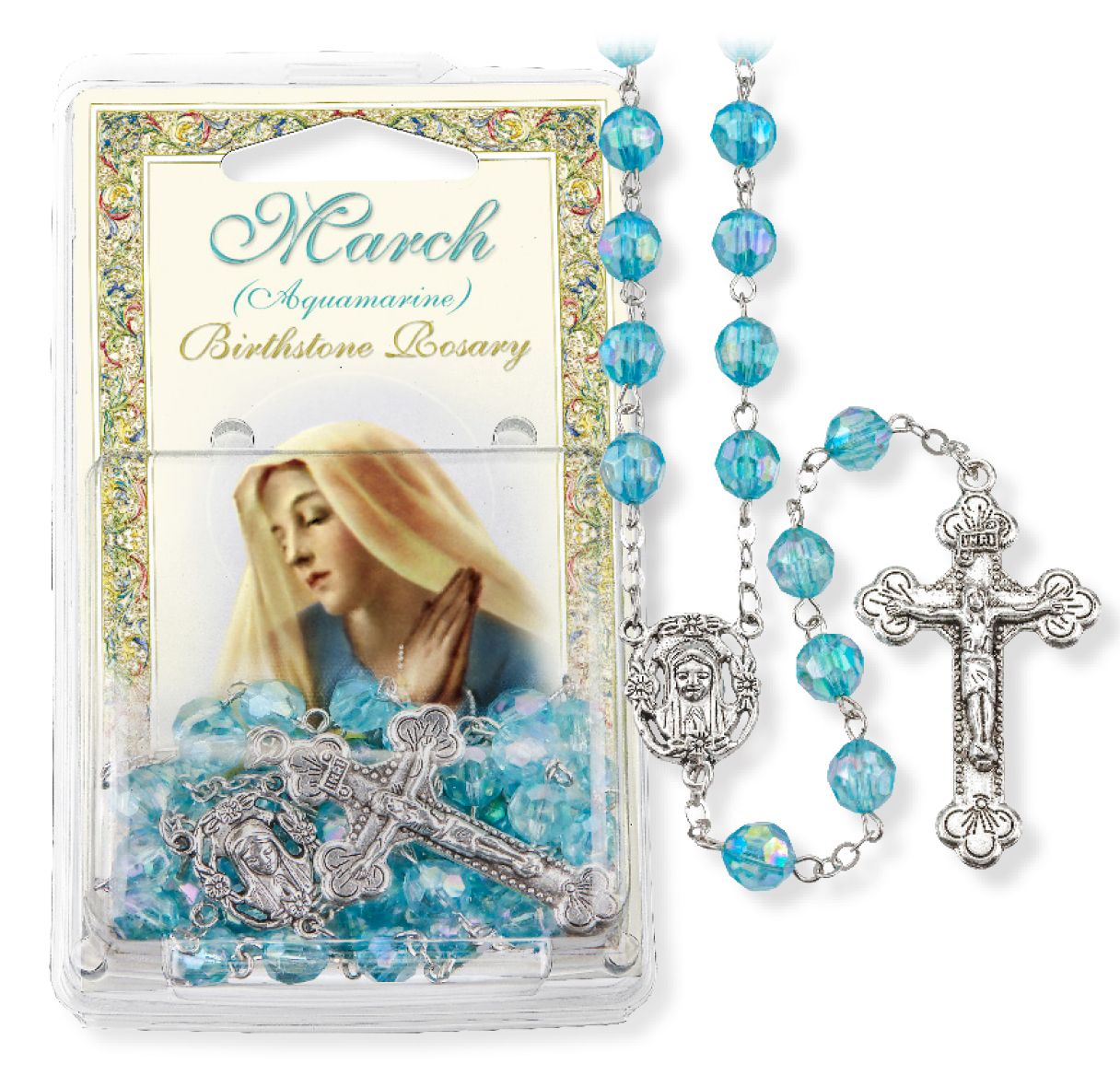 March Aquamarine Birthstone Rosary 8MM - Unique Catholic Gifts