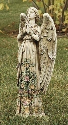 Praying Angel Garden Statue; Rose Design on Gown 24"H - Unique Catholic Gifts