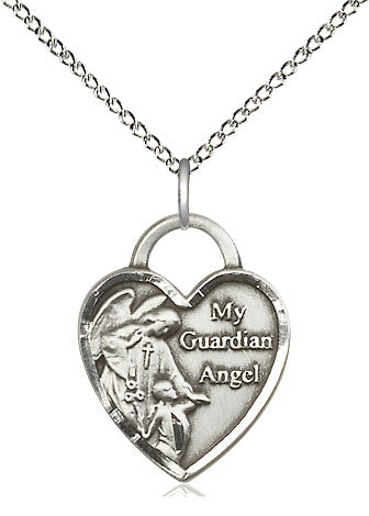 Sterling Silver Guardian Angel Heart Pendant on a 18 inch Sterling Silver Light Curb Chain. - Unique Catholic Gifts