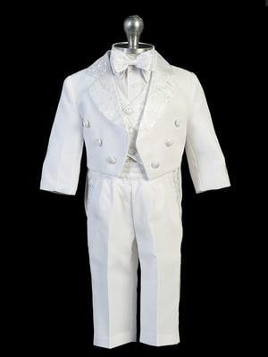 Satin Tailed Baptism Tuxedo Set. Jacket with Embroider on the Back, (2T) - Unique Catholic Gifts