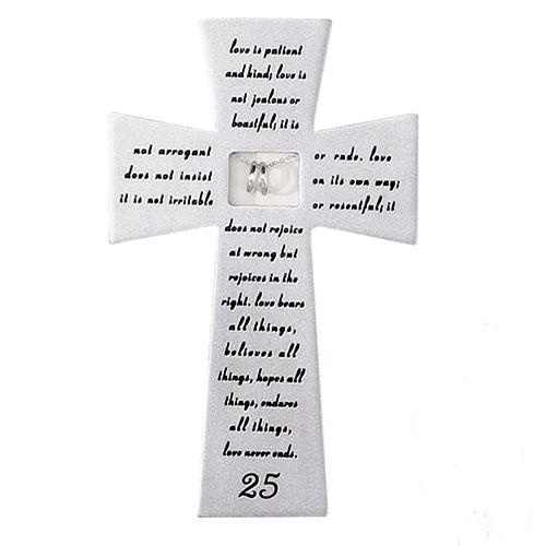 25th Wedding Anniversary Wall Cross with Silver Rings (7") - Unique Catholic Gifts