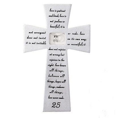 25th Wedding Anniversary Wall Cross with Silver Rings (7") - Unique Catholic Gifts