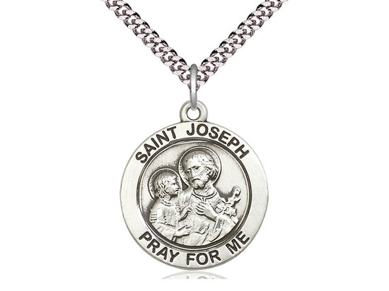 Sterling Silver St Joseph Pendant on a 24 inch Light Rhodium Heavy Curb Chain. - Unique Catholic Gifts