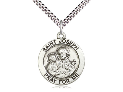 Sterling Silver St Joseph Pendant on a 24 inch Light Rhodium Heavy Curb Chain. - Unique Catholic Gifts