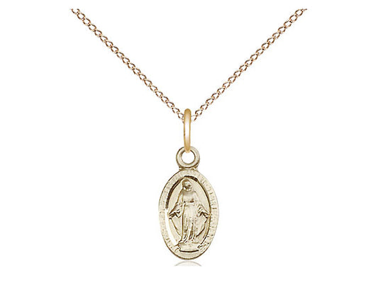 14kt Gold Miraculous Pendant on a 18 inch Gold Filled Light Curb Chain. - Unique Catholic Gifts