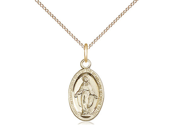 14kt Gold Miraculous Pendant on a 18 inch Gold Filled Light Curb Chain. - Unique Catholic Gifts