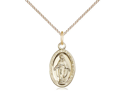 14kt Gold Miraculous Pendant on a 18 inch Gold Filled Light Curb Chain. - Unique Catholic Gifts