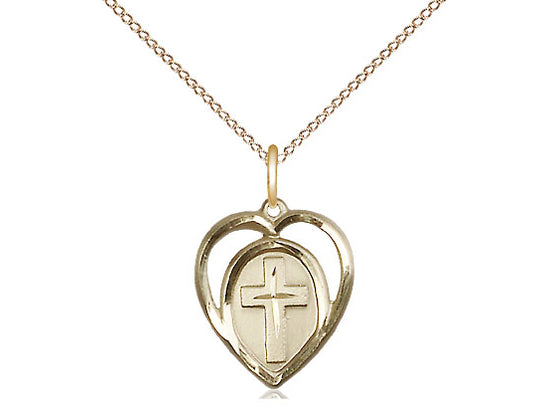 14kt Gold Filled Heart Cross Pendant on a 18 inch Gold Filled Light Curb Chain - Unique Catholic Gifts