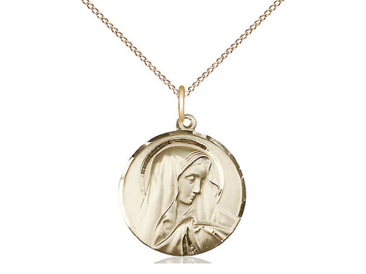 14kt Gold Filled Sorrowful Mother Pendant on a 18 inch Gold Filled Light Curb Chain. - Unique Catholic Gifts