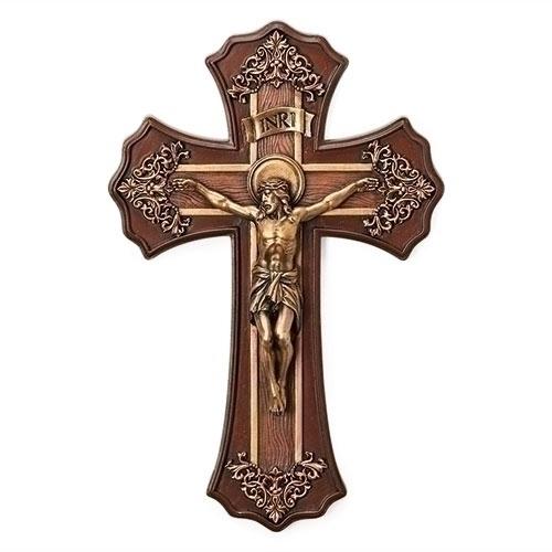 Victorian Style Crucifix Oak and Antique Gold Finish 10 1/4" - Unique Catholic Gifts