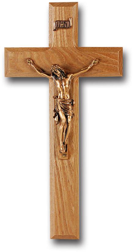 10" Oak Cross with Museum Gold Plated Corpus - Unique Catholic Gifts