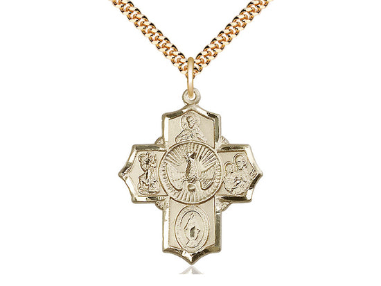 14kt Gold Filled 5-Way Pendant on a 24 inch Gold Plate Heavy Curb Chain - Unique Catholic Gifts