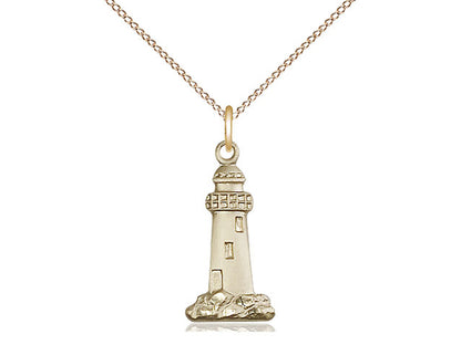 14kt Gold Filled Lighthouse Pendant on a 18 inch Gold Filled Light Curb Chain. - Unique Catholic Gifts