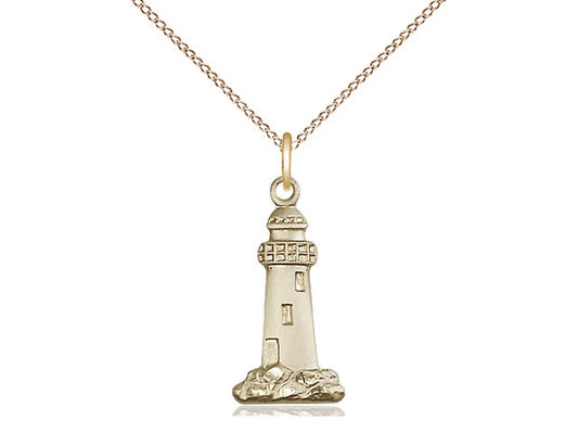 14kt Gold Filled Lighthouse Pendant on a 18 inch Gold Filled Light Curb Chain. - Unique Catholic Gifts