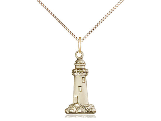 14kt Gold Lighthouse Pendant on a 18 inch Gold Filled Light Curb Chain. - Unique Catholic Gifts