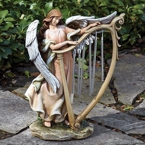 Angel W/chimes Garden Statue 13.25"H - Unique Catholic Gifts