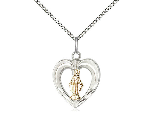 2-Tone Sterling Silver Heart / Miraculous Pendant on a 18 inch Sterling Silver Light Curb Chain. - Unique Catholic Gifts