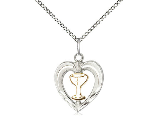 2-Tone Sterling Silver Heart / Chalice Pendant on a 18 inch Sterling Silver Light Curb Chain. - Unique Catholic Gifts