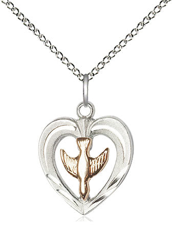 2-Tone Sterling Silver Heart / Holy Spirit Pendant on a 18 inch Sterling Silver Light Curb Chain. - Unique Catholic Gifts