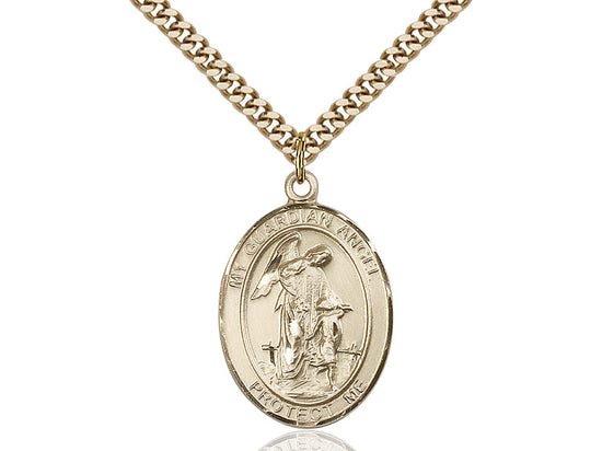 14kt Gold Filled Guardian Angel Pendant on a 24 inch Gold Plate Heavy Curb Chain. - Unique Catholic Gifts