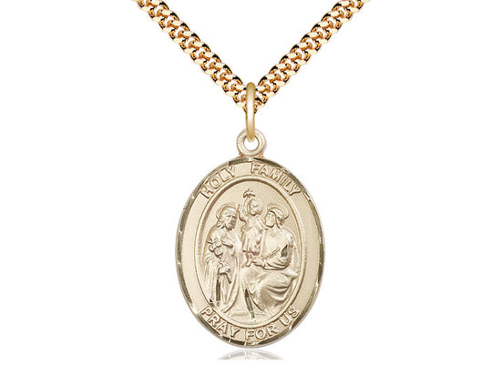 14kt Gold Filled Holy Family Pendant on a 24 inch Gold Plate Heavy Curb Chain. - Unique Catholic Gifts