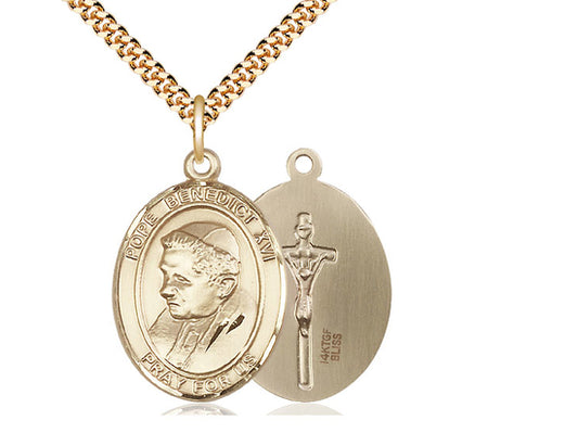 14kt Gold Filled Pope Benedict XVI Pendant on a 24 inch Gold Plate Heavy Curb Chain. - Unique Catholic Gifts