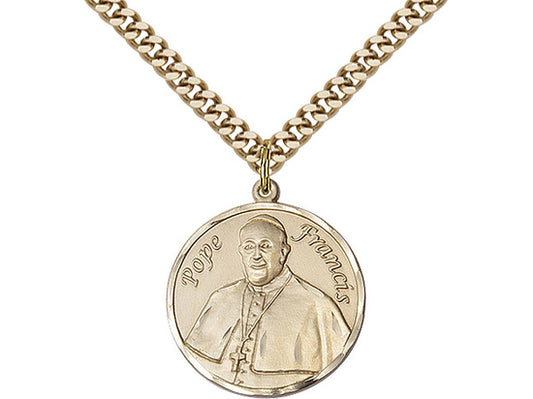 14kt Gold Filled Pope Francis Pendant on a 24 inch Gold Plate Heavy Curb Chain. - Unique Catholic Gifts