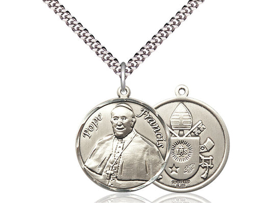 Sterling Silver Pope Francis Pendant on a 24 inch Light Rhodium Heavy Curb Chain. - Unique Catholic Gifts