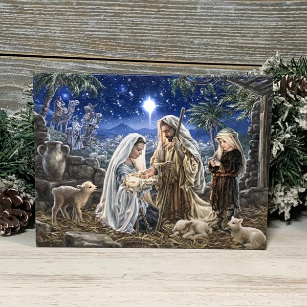 Let Us Adore Him Lighted Mini Tabletop Canvas Picture 8 x 6" - Unique Catholic Gifts