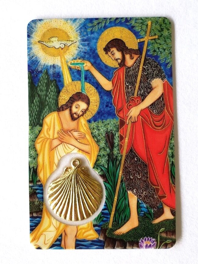 Baptism Holy Card with Gold Shell Medal - Unique Catholic Gifts