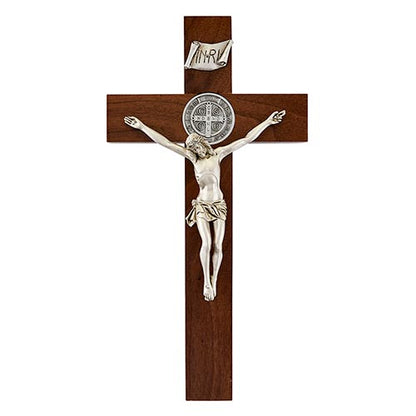 Walnut St. Benedict Wall Crucifix with Antique Pewter Corpus (12") - Unique Catholic Gifts