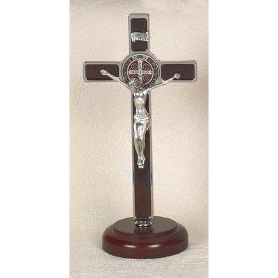 Brown St. Benedict Enameled Standing Crucifix 8" - Unique Catholic Gifts