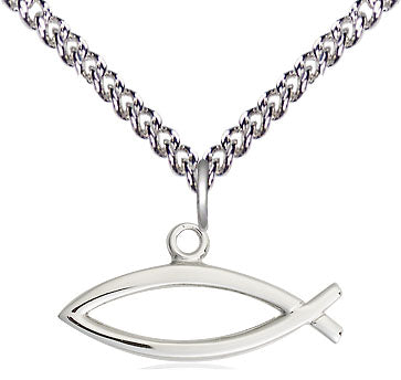 Sterling Silver Fish Pendant on Light Curb Chain - Fish Medal Chain - Unique Catholic Gifts