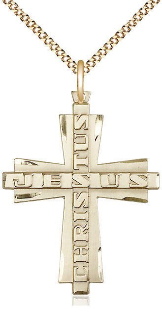 14kt Gold Filled Jesus Christus Cross Pendant on a Gold Plate Chain - Unique Catholic Gifts