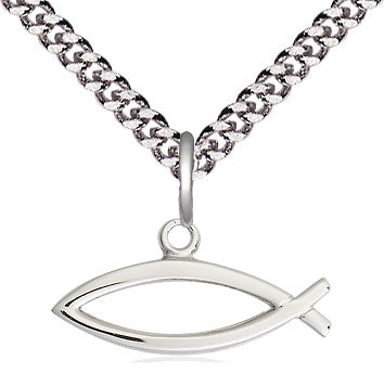 Sterling Silver Fish Pendant on Light Curb Chain - Fish Medal Chain - Unique Catholic Gifts