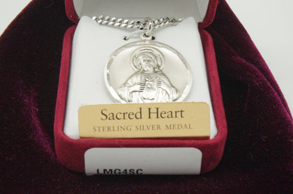 Silver Sacred Heart of Jesus and Virgen Mary in the other side with chain. - Unique Catholic Gifts