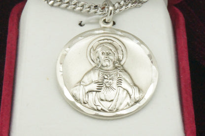 Silver Sacred Heart of Jesus and Virgen Mary in the other side with chain. - Unique Catholic Gifts