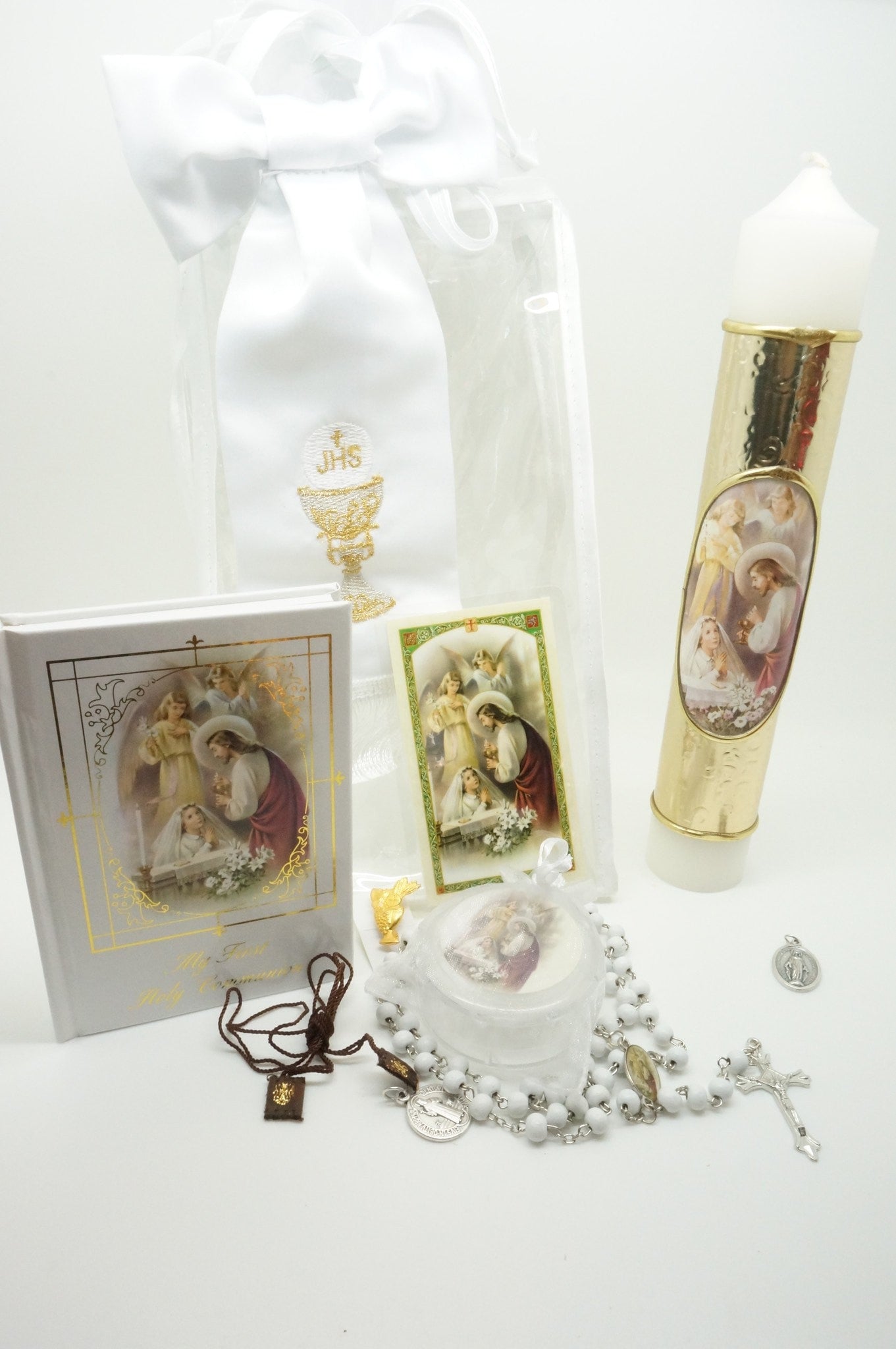 Girls First Communion Gift Set:Arm Band,Golden Candle and 8 other items - Unique Catholic Gifts